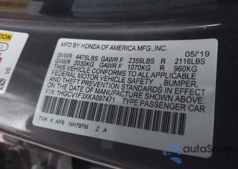 2019 Honda Accord Sport z USA, uszkodzony, nr VIN 1HGCV1F3XKA097471